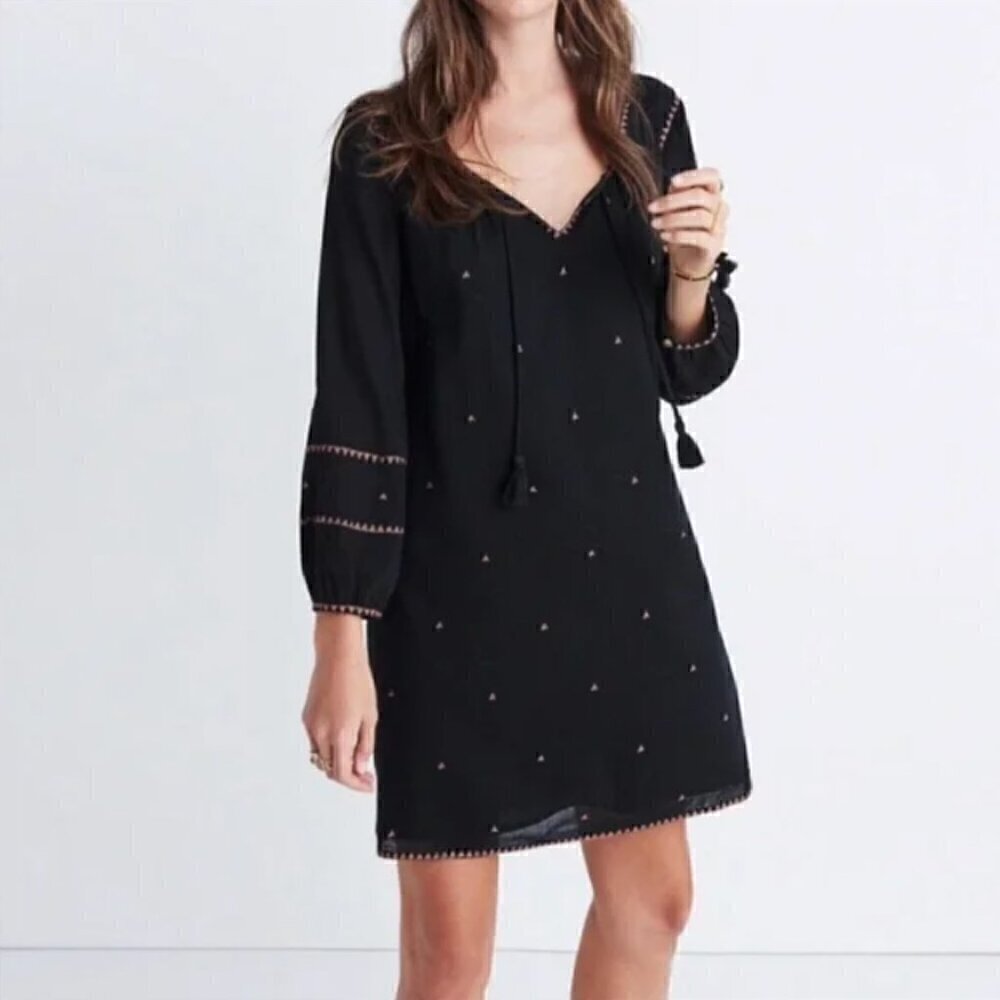 Madewell Embroidered Signal Boho Shift Dress F9478 3/4-Sleeve Tassel